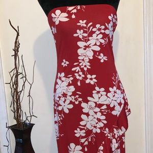 Red floral, small, high low dress, ruffle